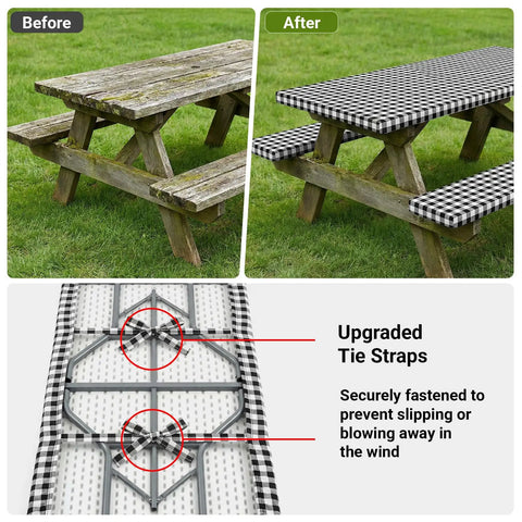 Buffalo Plaid Picnic Table Cover Set With Bench Covers For 6 Foot Tables Waterproof Elastic Fitted Tablecloth Outdoor