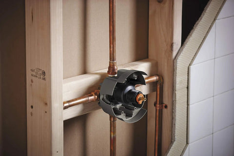 Rite-Temp Pressure-Balancing Valve Body And Cartridge Kit For Shower System installed in wall with copper piping