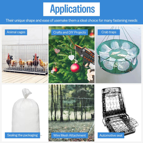 Top Tier 16 Gauge Galvanized Hog Rings And Half Inch C Ring Staples For Bag Sealing Fence Building Upholstery Work Dog Kennel Setup Drywall Hardware Solid Steel Tacks 18K Bundle applications in animal cages, crafts, crab traps, sealing packaging, wire mesh, and automotive seats.