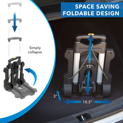 Foldable Luggage Cart With Wheels Lightweight Steel Frame Carries Up To 77 Pounds folded for compact storage in car trunk.