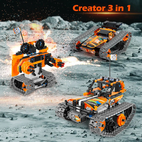 Three In One STEM Robot Kit For Kids Aged 8 To 12 With Remote Control Erector Set showing robot, tank, and vehicle models