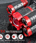 Close-up of USB Rechargeable Headlamp 12000 Lumen Ultra Bright LED Zoomable Work Light, red and black design, showing waterproof feature.