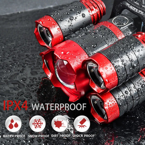 Close-up of USB Rechargeable Headlamp 12000 Lumen Ultra Bright LED Zoomable Work Light, red and black design, showing waterproof feature.
