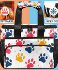 Insulated Picnic Backpack Lunch Tote For Women And Men with paw print design, showing keep warm and keep cold features.