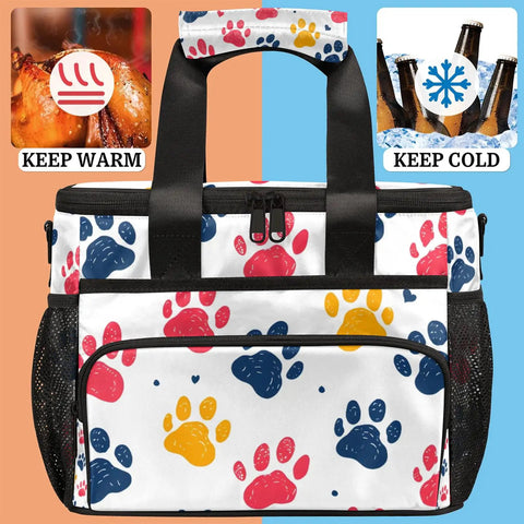 Insulated Picnic Backpack Lunch Tote For Women And Men with paw print design, showing keep warm and keep cold features.