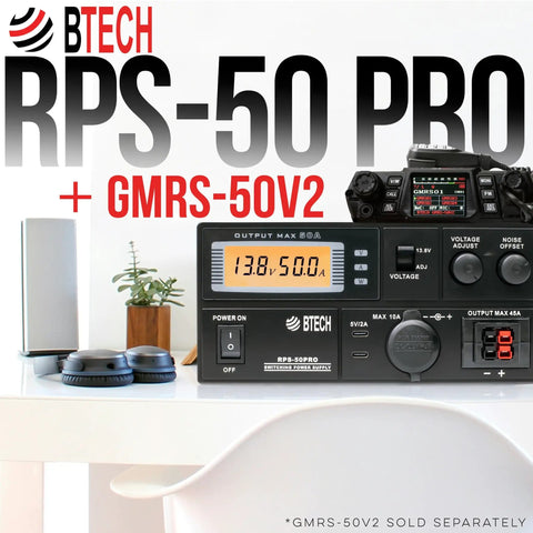 Beefy 50A Regulated Bench Power Supply with AC-DC Conversion, adjustable voltages, USB-C, with radio equipment on desk