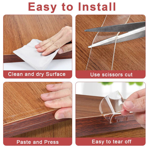 Image showing installation steps for Rock Solid Clear Corner Protectors For Baby Proofing, including cleaning, cutting, pasting, and easy removal.