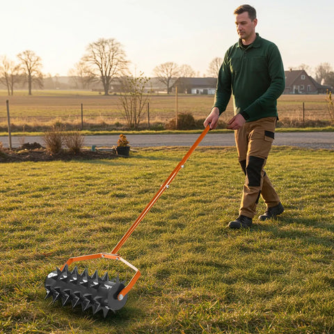 Man using Beast Heavy Duty 18 Inch Manual Lawn Aerator Roller With 49 Inch Adjustable Handle Spike Aerator on grass