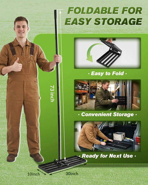 Display of Lawn Leveling Rake 30 Inch Wide Plate For Quick Yard Smoothing with foldable design for easy storage use.