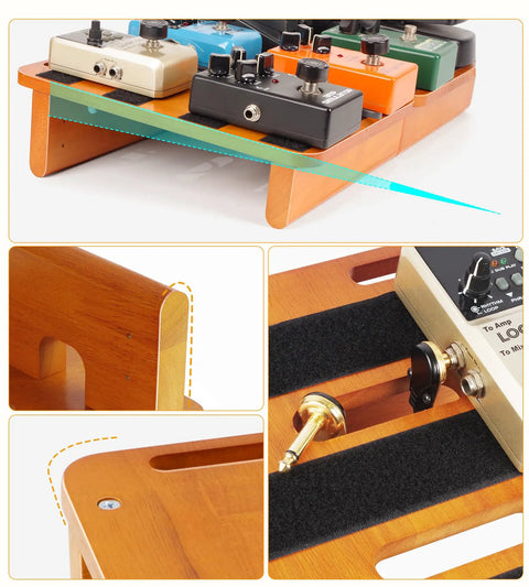 Two In One Wooden Guitar Pedal Board Set With Detachable Design Pine Wood Build 17.3 Inch Big Capacity displaying effects pedals