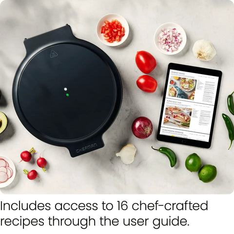 Top view of All In One Kitchen Powerhouse Everything Maker And Pizza Oven On Countertop With 1440W Power 12 Inch Nonstick Plates.