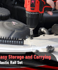 Person using tamper proof Torx bit from 13-piece T4 to T40 security set for quarter-inch drive on car engine.