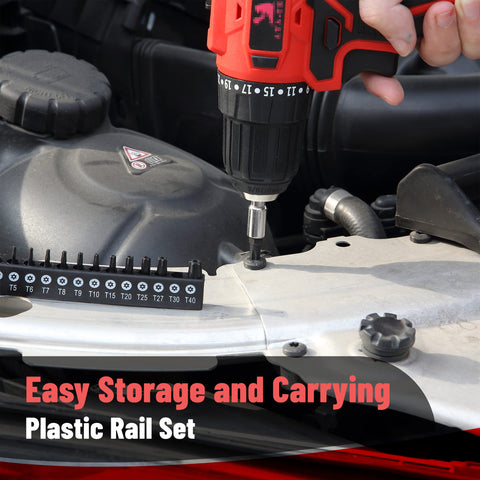 Person using tamper proof Torx bit from 13-piece T4 to T40 security set for quarter-inch drive on car engine.