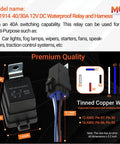 Diagram of Two Pack 4 Pin 40 30 Amp 12V DC Waterproof Relay Kit with tinned copper wires for rugged car wiring applications.