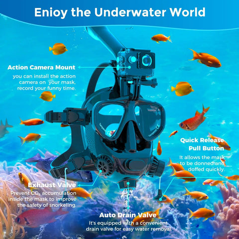 Mini Scuba Tank and Full Face Snorkel Mask Kit 1L Portable Dive Cylinder With Sub Mask Reusable Pony Bottle Pump Included for Snorkeling and Diving Black S400PRO undersea view with fish