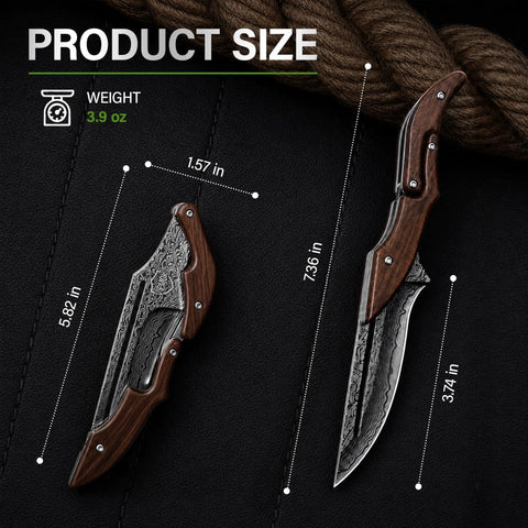 VG10 Damascus Steel Folding Knife With Multi Layer Damascus Blade Workhorse Everyday Carry EDC Pocket Tool For Daily Cutting Smooth V Ground Edge Safe And User Friendly Household Utility product size chart, folded and open, wood handle, 3.9 oz