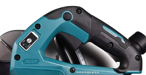 Close-up of the grip and power switch on the Rock Solid Heavy Duty Cordless Circular Saw Featuring 40V Power Platform.