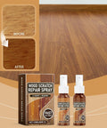 Wood Scratch Repair Spray for furniture and floors with before and after effect, emphasizing quick fix and natural shine.