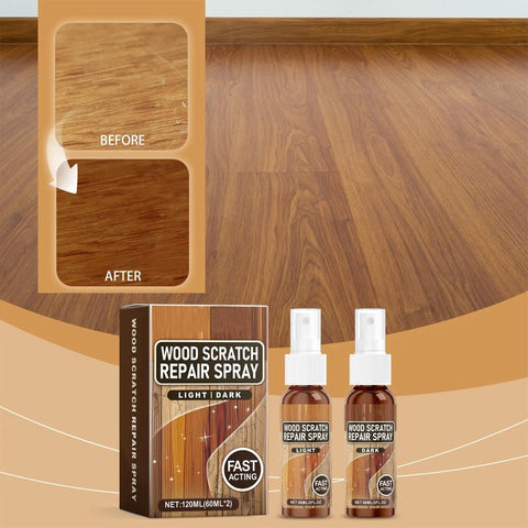 Wood Scratch Repair Spray for furniture and floors with before and after effect, emphasizing quick fix and natural shine.