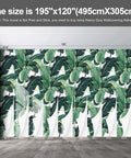 Massive Tropical Banana Leaf Wall Mural, Green Plant Floral Fabric Wallpaper For Living Room And Bedroom, 195 By 120 Inches, 9 Panels, Not Peel And Stick, Waterproof And Durable displayed on wall with size label.