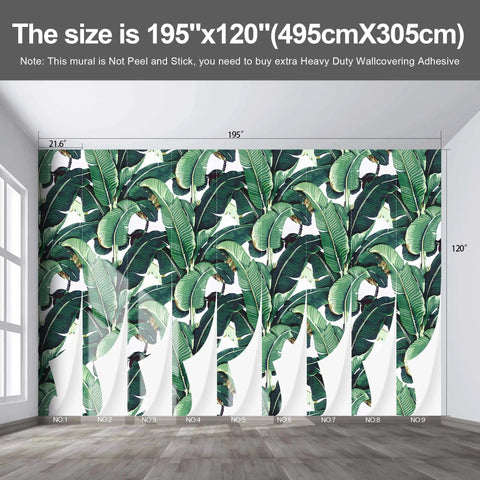Massive Tropical Banana Leaf Wall Mural, Green Plant Floral Fabric Wallpaper For Living Room And Bedroom, 195 By 120 Inches, 9 Panels, Not Peel And Stick, Waterproof And Durable displayed on wall with size label.