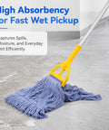 Blue cotton loop mop head in use, capturing spills on floor, part of 2 Pack Heavy Duty Mop Head Replacement For Commercial Cleaning Reusable Cotton Loop String Mop Heads Durable 17 Oz Wet Mops Refills Blue With Superior Water Absorption Industrial Strength Safe And Long Lasting set.