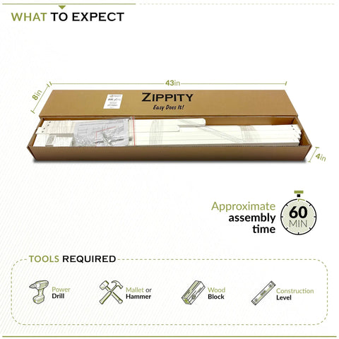 Two Panel No Dig Vinyl Picket Fence Set, 40In Wide By 30In High, White Corner Garden Border Fencing packaging with assembly tools