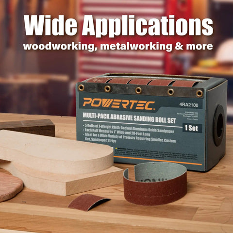 Box of Emery Cloth Roll Five Grit Sandpaper Set 1 Inch By 20 Feet Aluminum Oxide displayed with wooden blocks