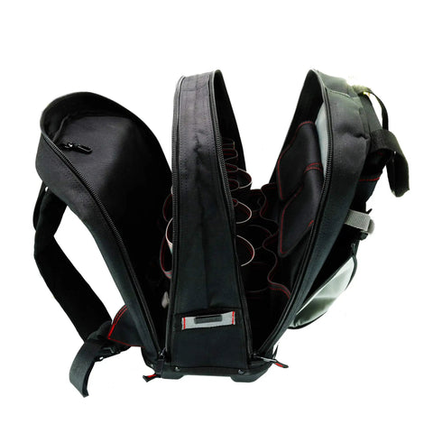 Open Heavy Duty Tool Backpack With Reinforced Bottom Waterproof PVC Coating Padded Back Support Breathable Fabric pockets visible