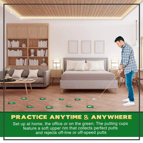 Man using 9 Pack Golf Putting Cups With Flags Indoor Outdoor Practice Set in bedroom on wooden floor, showing ease of use indoors.