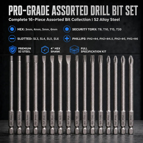 Heavy Duty 4 In 1 Hex Phillips Slotted Security Torx Long Screwdriver Bits Set With Magnetic 16 Piece 1 4 Inch Hex Shank 4 Inch S2 Steel For Power Drill Impact Driver Tool Kit with assorted bits