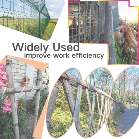 Collage of chain link fences and garden trellises secured with Chain Link Fence Twist Ties Tool For 8 9 10 11 Gauge Wire.