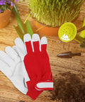 All Purpose Garden Pruning Gloves For Women And Men Breathable Red Work Gloves With Thorn Resistant Leather Durable Gardening Gear For Yard Maintenance And Plant Care, red and white leather gloves on wooden table