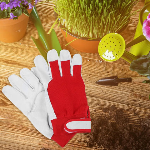 All Purpose Garden Pruning Gloves For Women And Men Breathable Red Work Gloves With Thorn Resistant Leather Durable Gardening Gear For Yard Maintenance And Plant Care, red and white leather gloves on wooden table