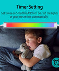 Under Cabinet RGB LED Strip Lights With Dimmable White And Color Voice Control With Alexa And Google Home Smart App Remote Plug In Kitchen Lighting Kit Lit Color Changing Mood Lighting 6 Piece Set, featuring a child sleeping with soft toy under colorful lights.