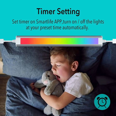 Under Cabinet RGB LED Strip Lights With Dimmable White And Color Voice Control With Alexa And Google Home Smart App Remote Plug In Kitchen Lighting Kit Lit Color Changing Mood Lighting 6 Piece Set, featuring a child sleeping with soft toy under colorful lights.