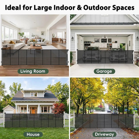 Extra Wide Retractable Baby Gate Delivering Rock Solid Safety For Mega Garages Wide Driveways And Big Patios in a living room and garage setup.