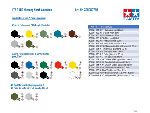Paint chart for One Seventy Two Scale Dope P Fifty One D Mustang Model Kit with detailed color options and codes.