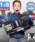 Child holding 1:8 scale Remote Control Police Car With Lights And Sirens For Kids, featuring controller and festive gift badge.
