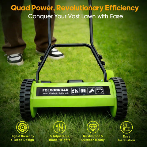 14 Inch 4 Blade Push Reel Lawn Mower Walk Behind Manual Operation With 5 Height Settings For Grass From 1 To 3 Inches Ideal For Garden Yard And Field No Fuss Yard Work. Green steel reel mower on grass
