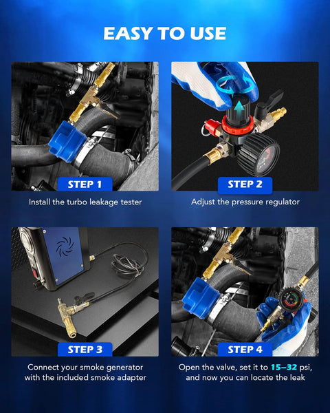 Orion Motor Tech turbo boost leak tester kit with blue connectors and smoke adapter for turbo system testing