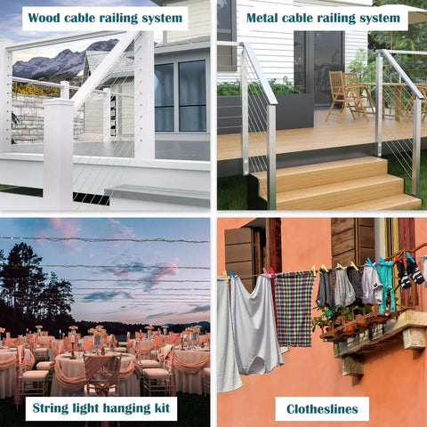 Image showing four types of railing systems including wood and metal, a string light hanging kit, and clotheslines in use.
