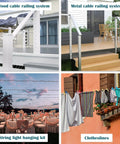 Variety of railing systems and uses, including wood and metal cable systems, string light hanging kit, and clotheslines