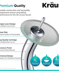 Tall Waterfall Vessel Sink Faucet With Frosted Glass Disk And Pop Up Drain Chrome Finish and labeled features