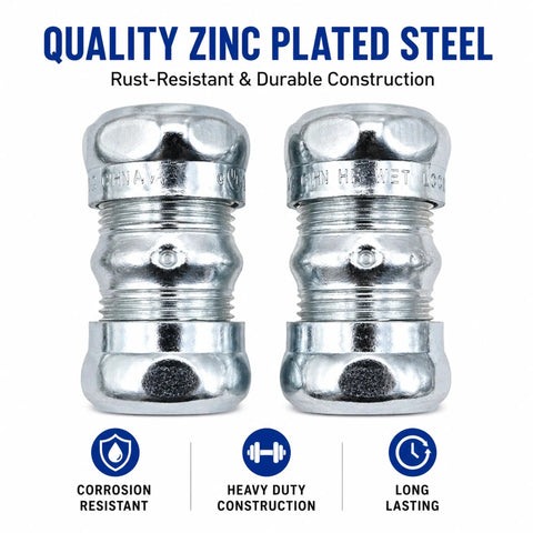 Heavy Duty 1/2 Inch EMT Compression Coupling Raintight Electrical Conduit Connector Built Tough Zinc Die Cast Design Weather Sealed For Indoor Outdoor Electrical Boxes UL Tested 10 Park - close-up of two connectors showing zinc plating and durable design.