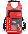 Front view of red waterproof first aid kit bag with roll-top closure and clear front window showing supplies