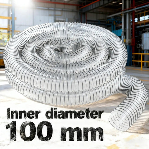 Clear 100mm PVC Bellows Hose For Dust Extraction In The Shop Flexible Corrugated Design Lets You Bend At Any Angle Without Collapsing Or Blocking Airflow See Through Material Reveals Dust Build Up And Keeps Your System Flowing. coiled 100 mm clear PVC bellows hose, inner diameter 100 mm, for shop dust extraction