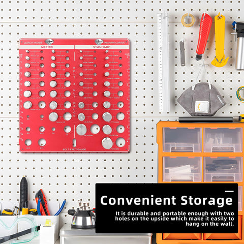 Front view of red bolt and nut gauge set on pegboard, showing 19 standard and 15 metric sizes, and 8 drill-bit gauge.