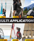 Various uses of 6 Pack 3 Inch Heavy Duty Chain Quick Links, ideal for yoga, fitness, camping, hanging swings, dog leashes, and lights.