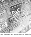 Close-up of Clear Stackable Hardware Organizer Bins Set With 21 Small Storage Bins for screws and nuts, visible labels for organization.